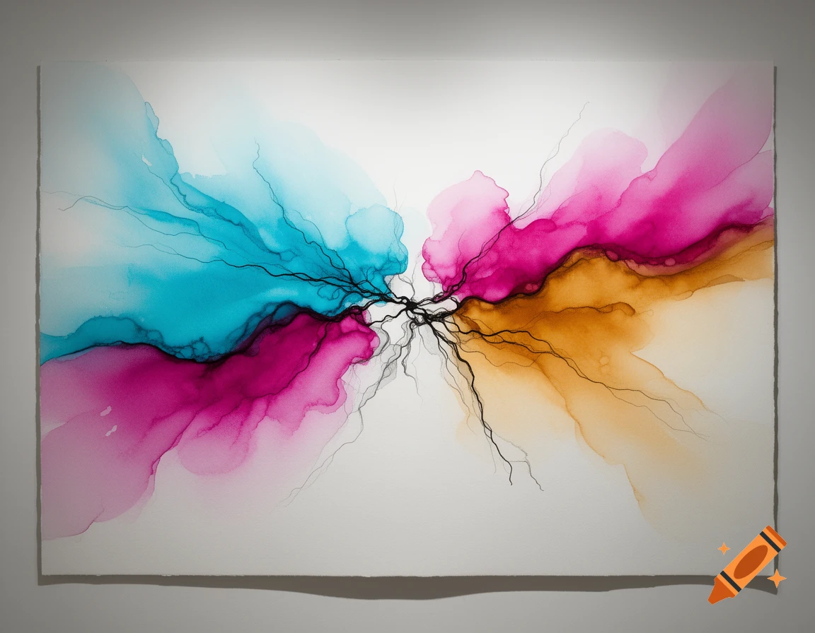 Vibrant abstract ink painting with flowing cyan, magenta, and amber colors, intersected by fine black lines on white paper.