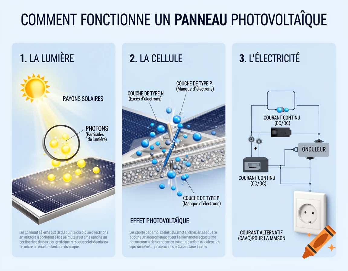 An educational infographic diagram explaining how a photovoltaic solar panel works, showing light, cell, and electricity.