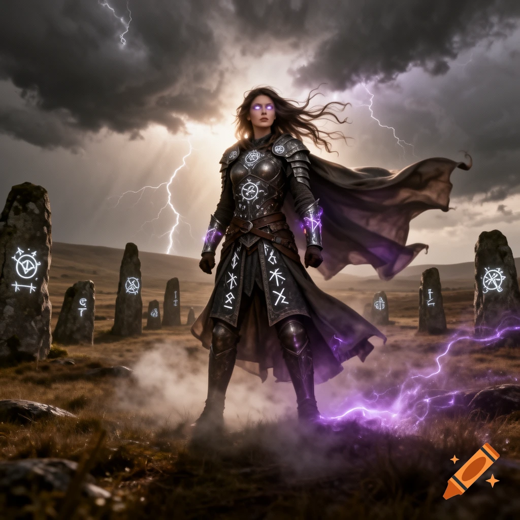 A female warrior in dark armor with glowing purple eyes stands in a stormy, lightning-filled field with mystical standing stones, channeling purple energy.