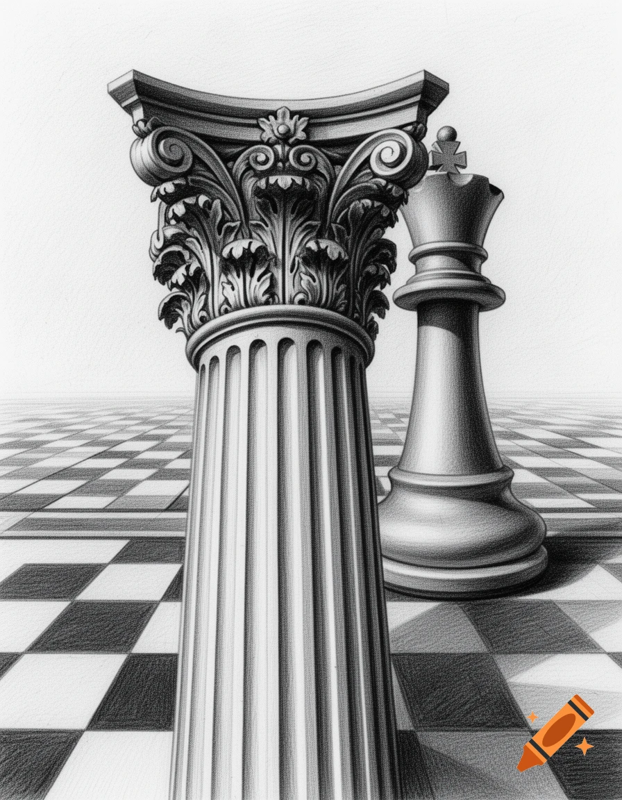 Realistic charcoal and pencil drawing of a tall Corinthian column in the foreground, with a large chess king partially obscured behind it on a checkered chessboard floor.