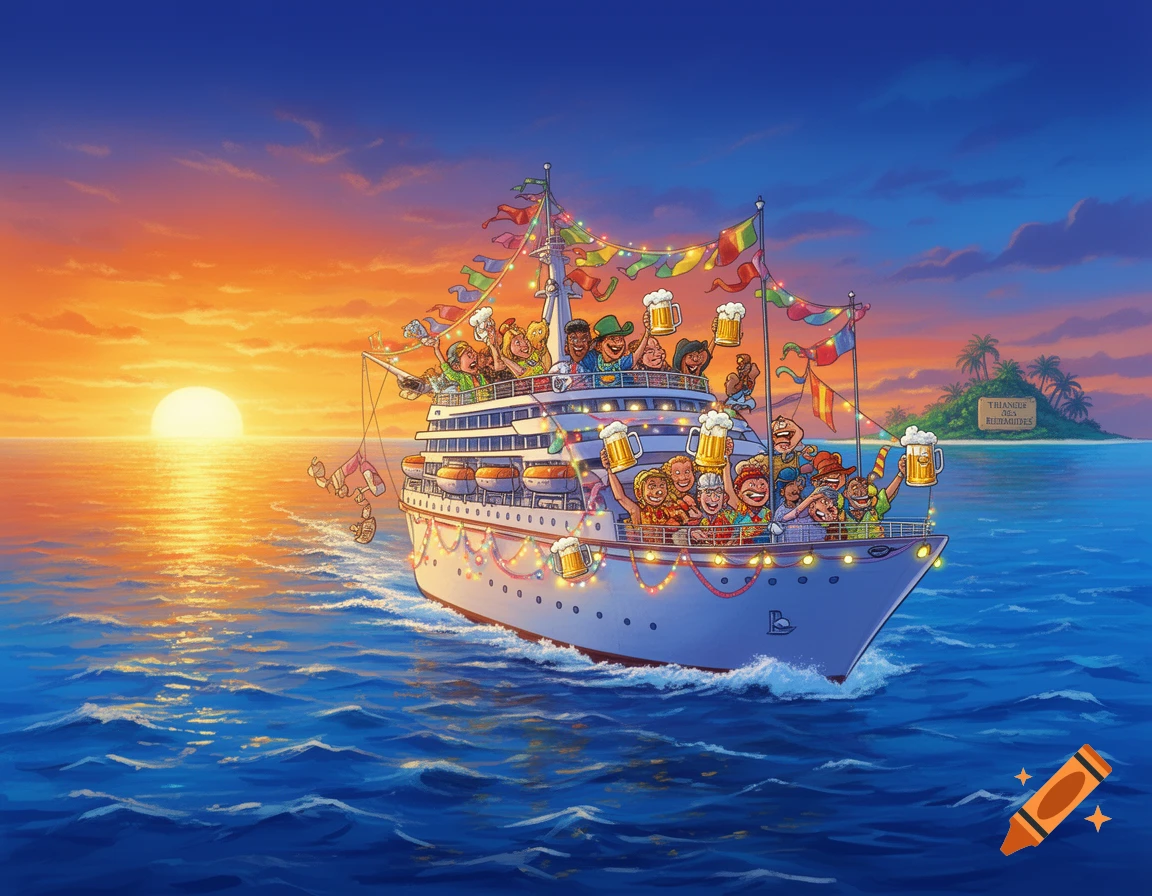 A cartoon cruise ship full of people celebrating and drinking beer sails into a sunset, past an island with a sign.
