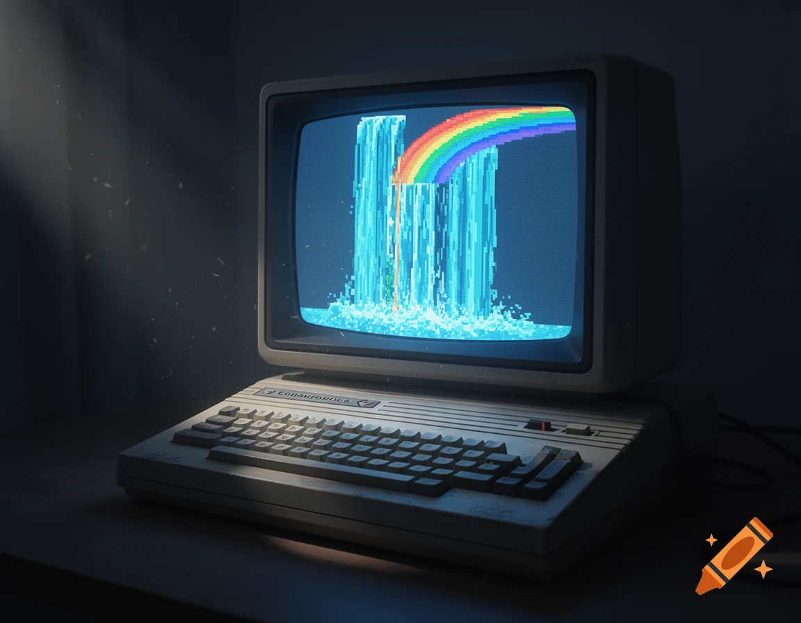A retro Commodore 64 computer in a dark room displays a pixel art waterfall and rainbow on its screen.