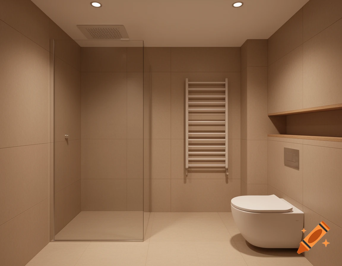A modern bathroom with light brown tiles, a glass shower enclosure, a toilet, a ladder-style towel warmer, and a wooden shelf.