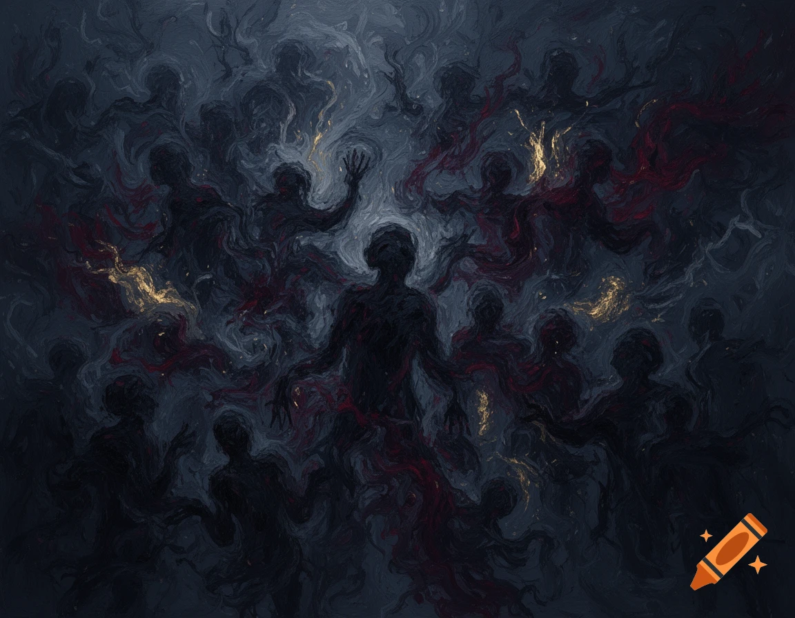 Abstract digital painting of dark, shadowy figures swirling in a misty dark gray background with hints of red and gold.