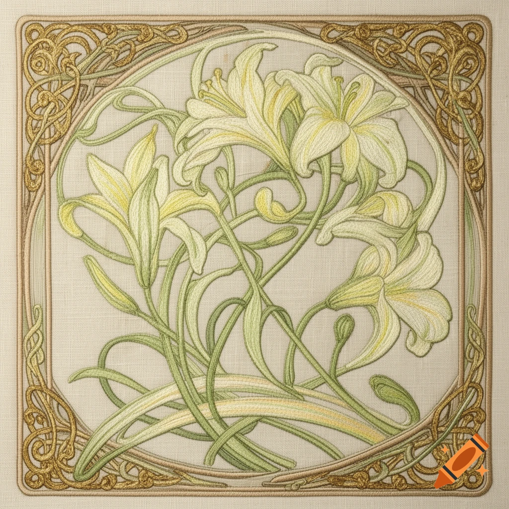 Art Nouveau embroidery of cream and lemon lilies with soft green foliage, framed by ornate gold scrolls on a beige fabric.
