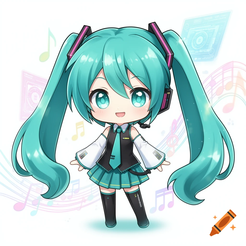 A cute chibi Hatsune Miku character with turquoise twin tails, wearing a black and teal outfit, against a white background with musical notes.