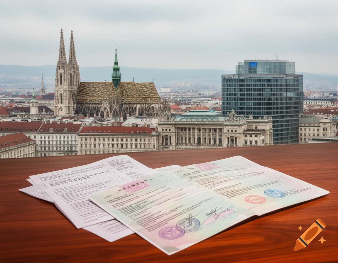 Photorealistic view of Vienna's skyline with a cathedral and modern building, and visa documents on a wooden table.