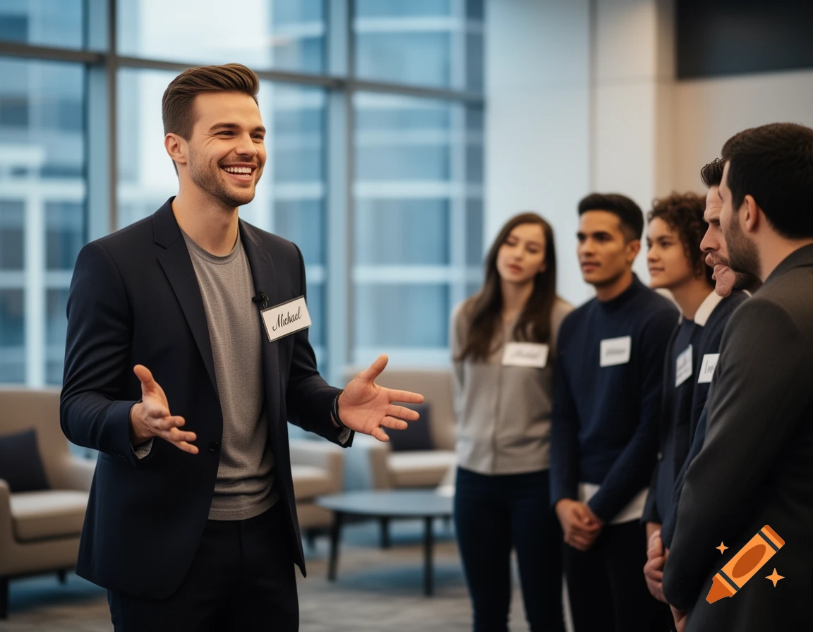 A smiling man, Michael, speaks and gestures to a group of people in a modern office meeting.