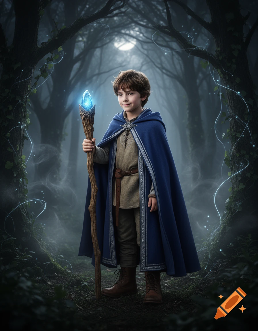 A young boy, dressed as a mage in a blue cape, holds a glowing crystal staff in a dark, mystical forest.