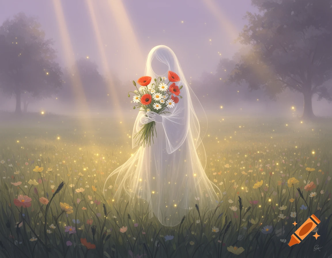 Ethereal ghost-like figure holding a bouquet of red poppies and white daisies in a misty, sunlit field with glowing wildflowers.