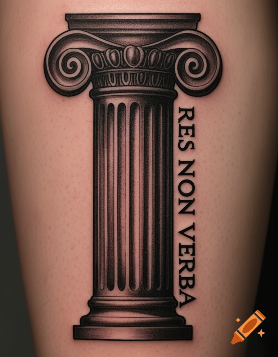 A black tattoo of a fluted Greek Ionic column with 'RES NON VERBA' written vertically on the right, on light skin.