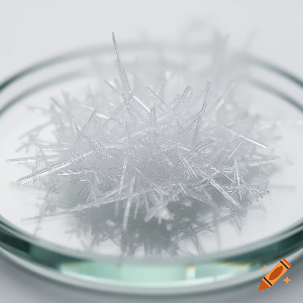 Close-up of white needle-like urea crystals piled in a clear glass petri dish on a white background, photorealistic.