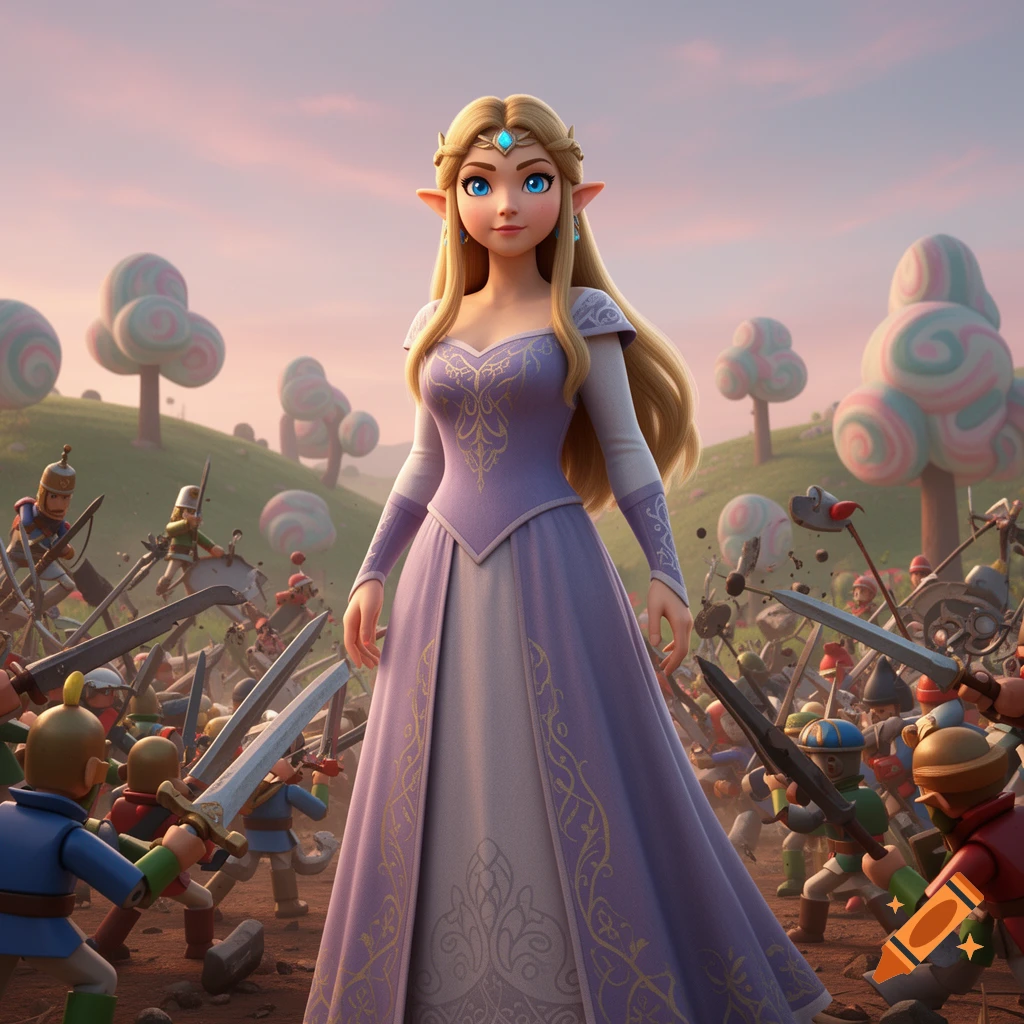 Princess Zelda in a purple gown stands amidst a stylized cartoon battle, with lollipop-like trees in the background.