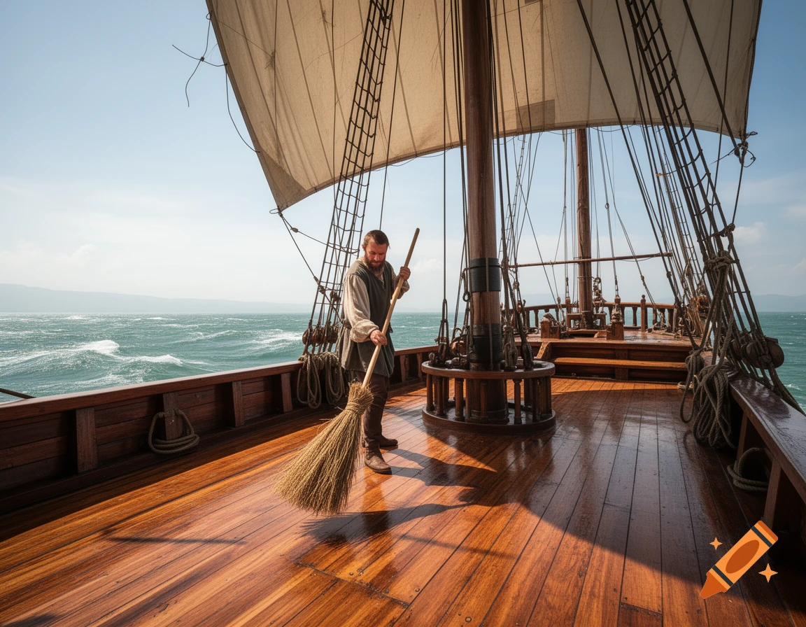 A man in period clothing sweeps the polished wooden deck of a large sailing ship, with choppy ocean waves and a clear sky.
