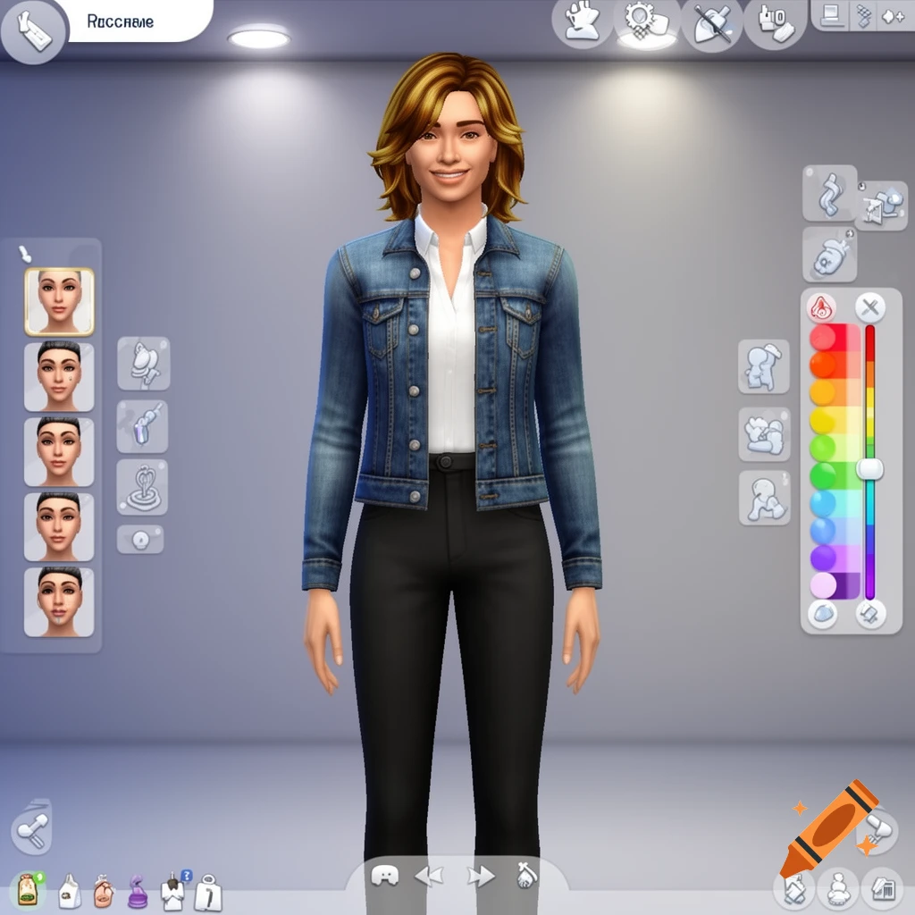 A female Sims 4 character in the Create-A-Sim screen, wearing a denim jacket and black pants, surrounded by customization options.
