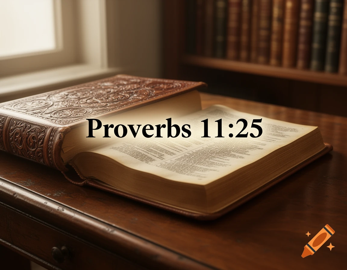 A photorealistic close-up of an old, ornate book open to a page displaying 'Proverbs 11:25' on a wooden desk, with a window and bookshelf in the background.