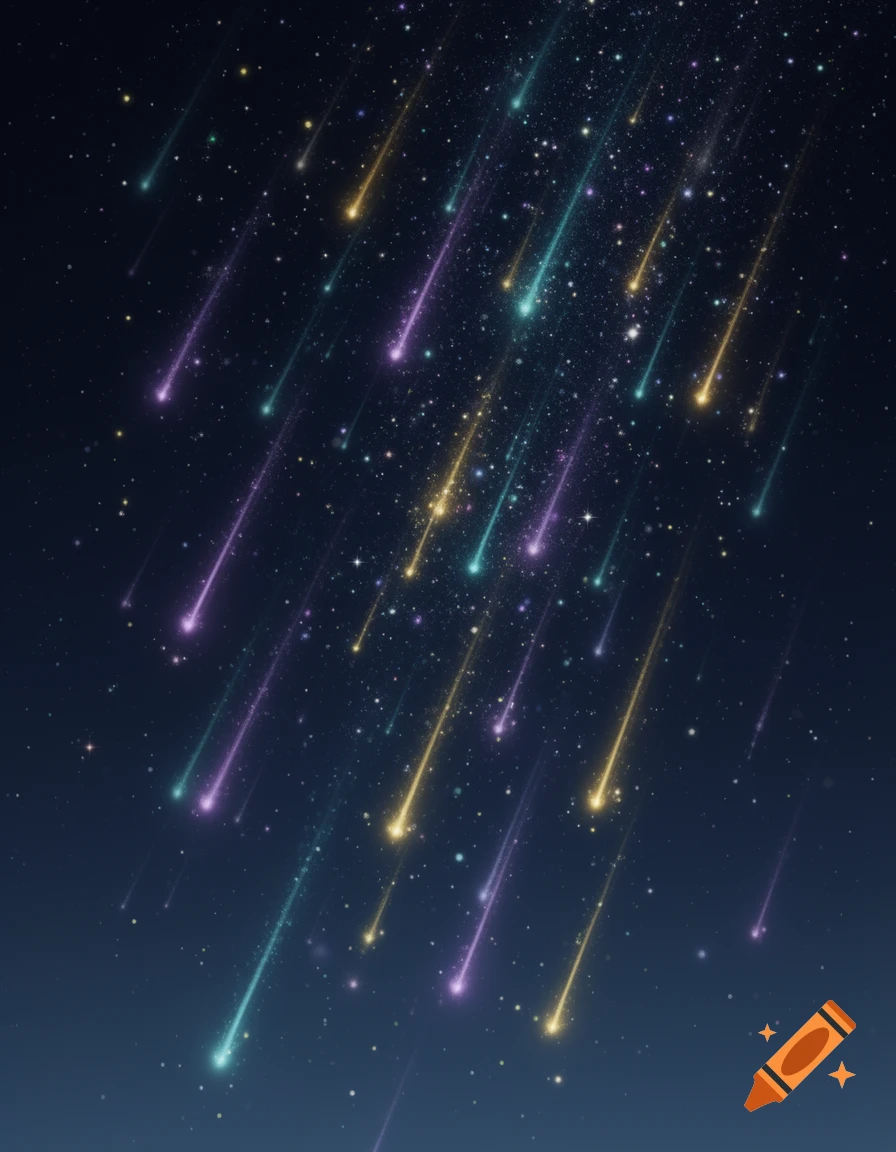 Colorful meteor showers streak across a dark night sky filled with numerous tiny stars, in an illustrated style.