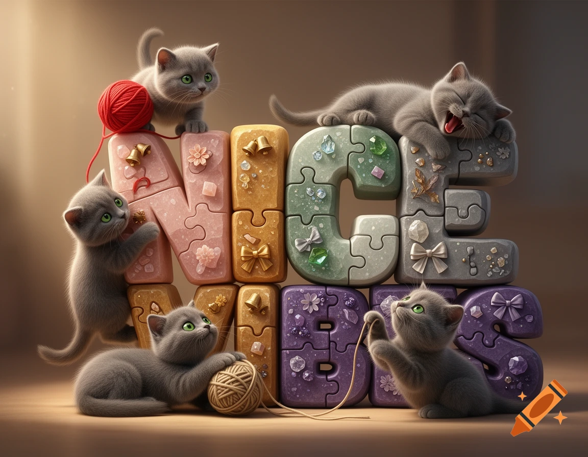 Five cute grey kittens play on and around colorful sculpted puzzle letters spelling NICE VIBES, with balls of red yarn, in a detailed 3D scene.