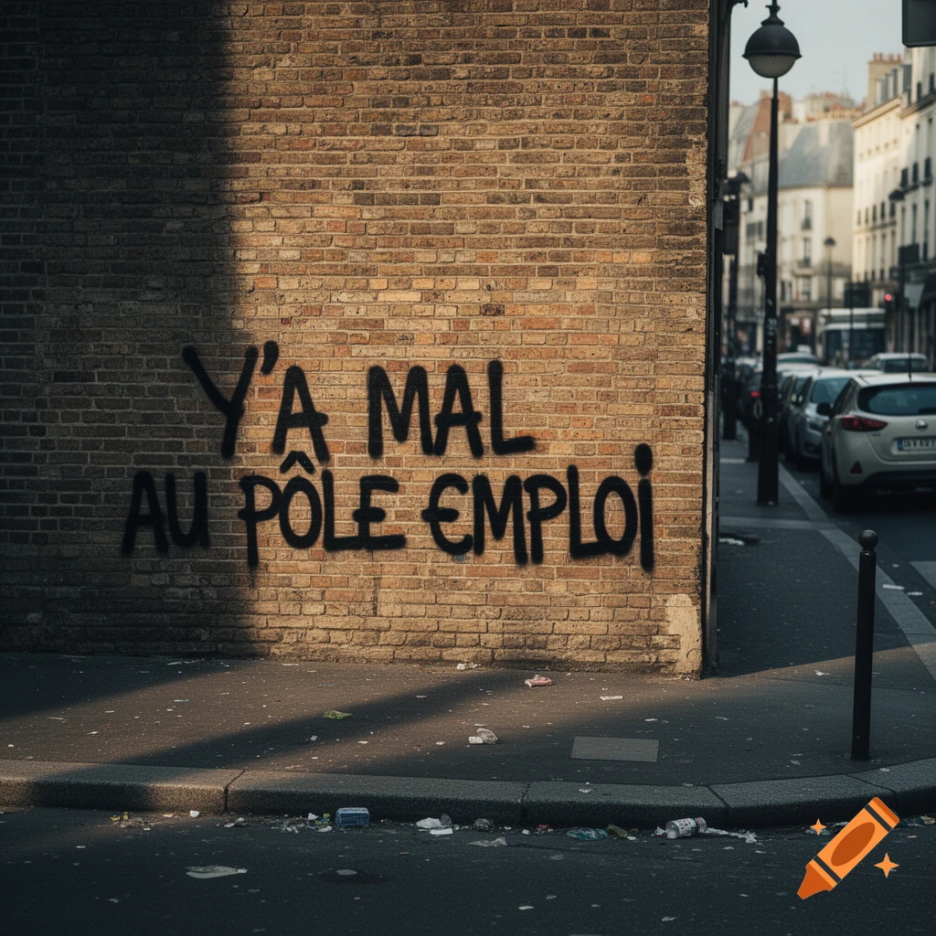Photorealistic image of 'Y’a mal au pôle emploi' graffiti on a brick wall, with trash on a sidewalk and a blurred city street.