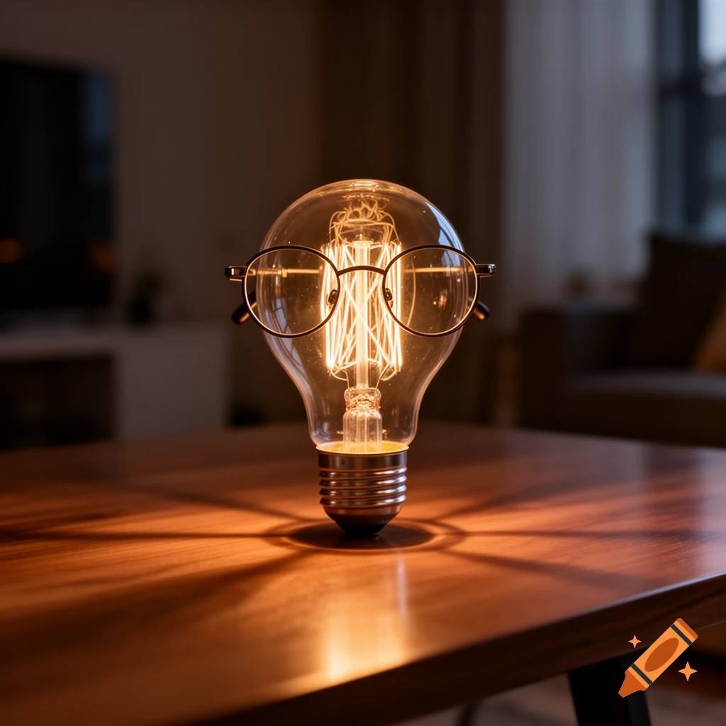 A glowing Edison-style lightbulb wearing reading glasses sits on a polished wooden table in a dimly lit room.