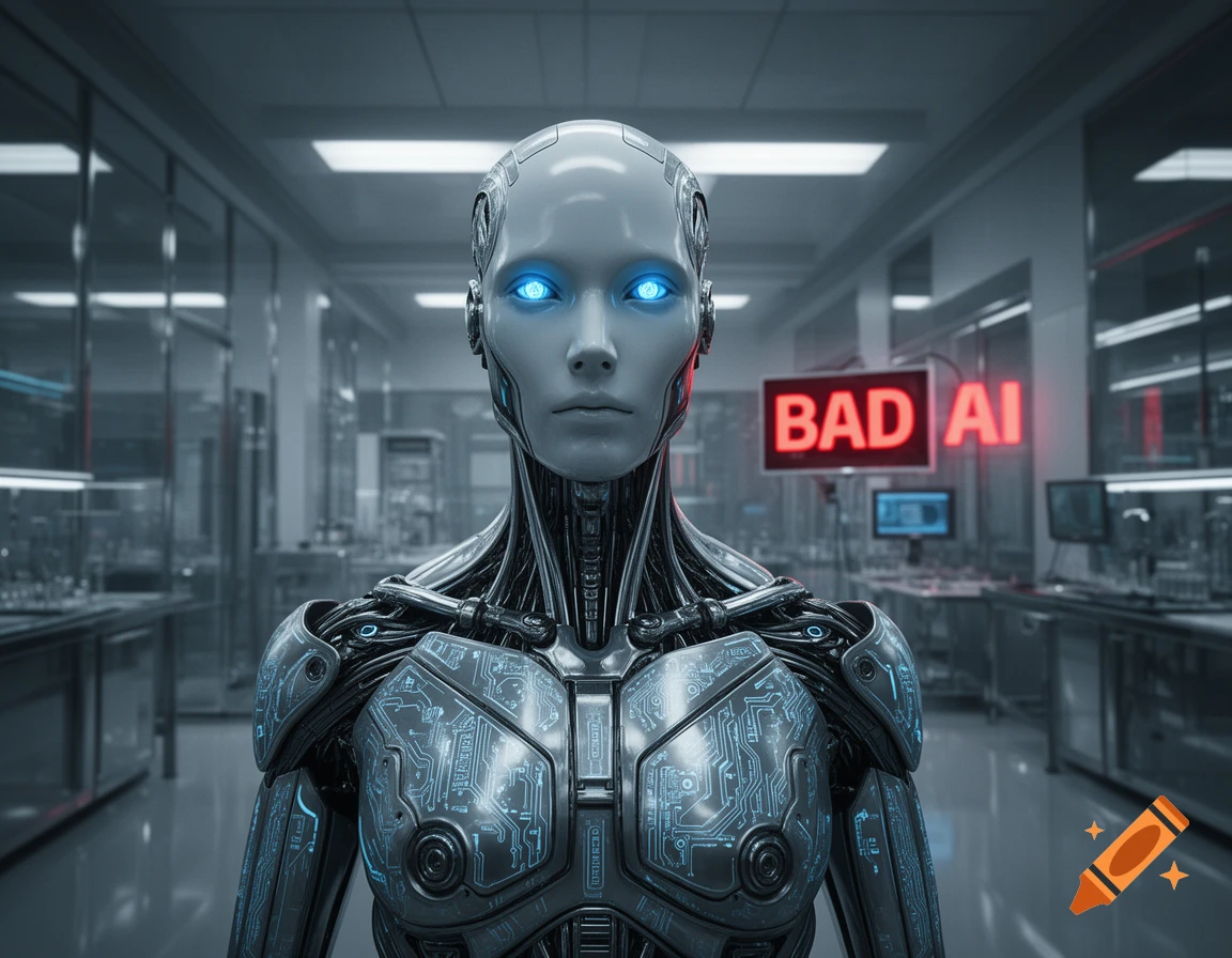 Frontal view of a futuristic humanoid robot with glowing blue eyes and metallic body, in a lab with a 'BAD AI' sign.