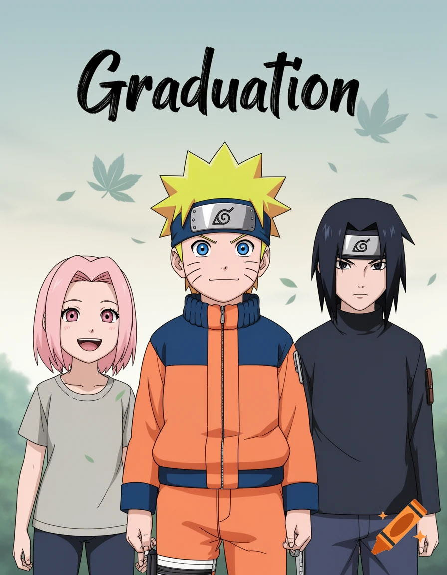 Anime illustration of young Naruto, Sakura, and Sasuke standing together under the word 'Graduation'.