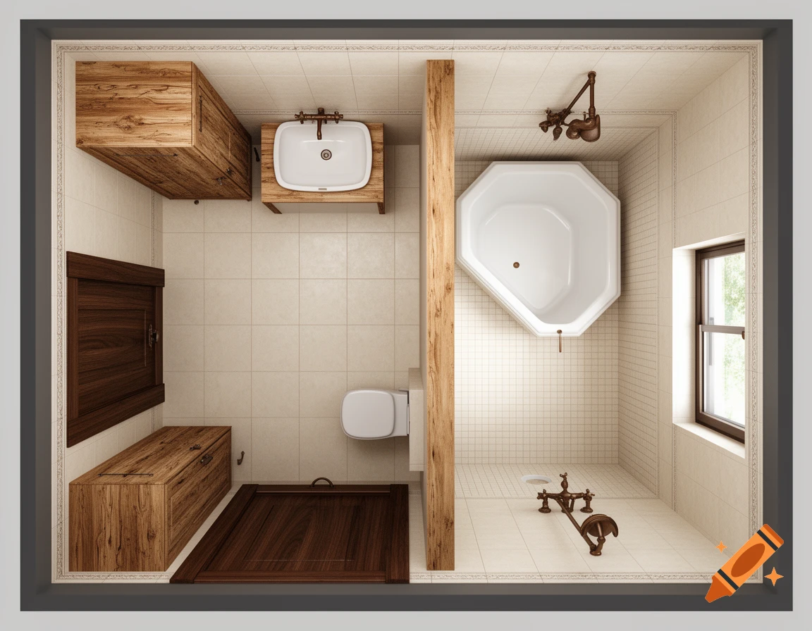Photorealistic bird's-eye view of a bathroom with wooden cabinets, a sink, a toilet, an octagonal bathtub, a window, and bronze fixtures.