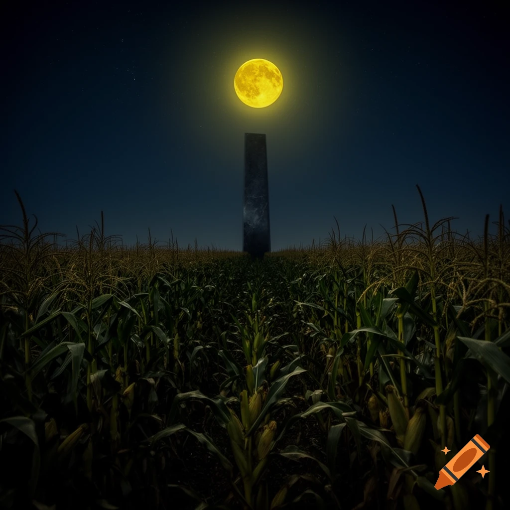 A cornfield at night with a tall dark monolith under a glowing yellow full moon.