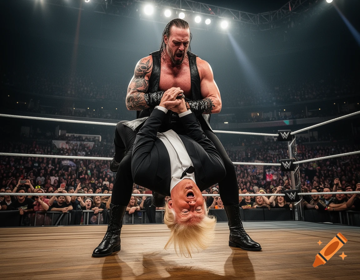 Photorealistic wrestler performing a tombstone piledriver on Donald Trump in a packed arena wrestling ring.