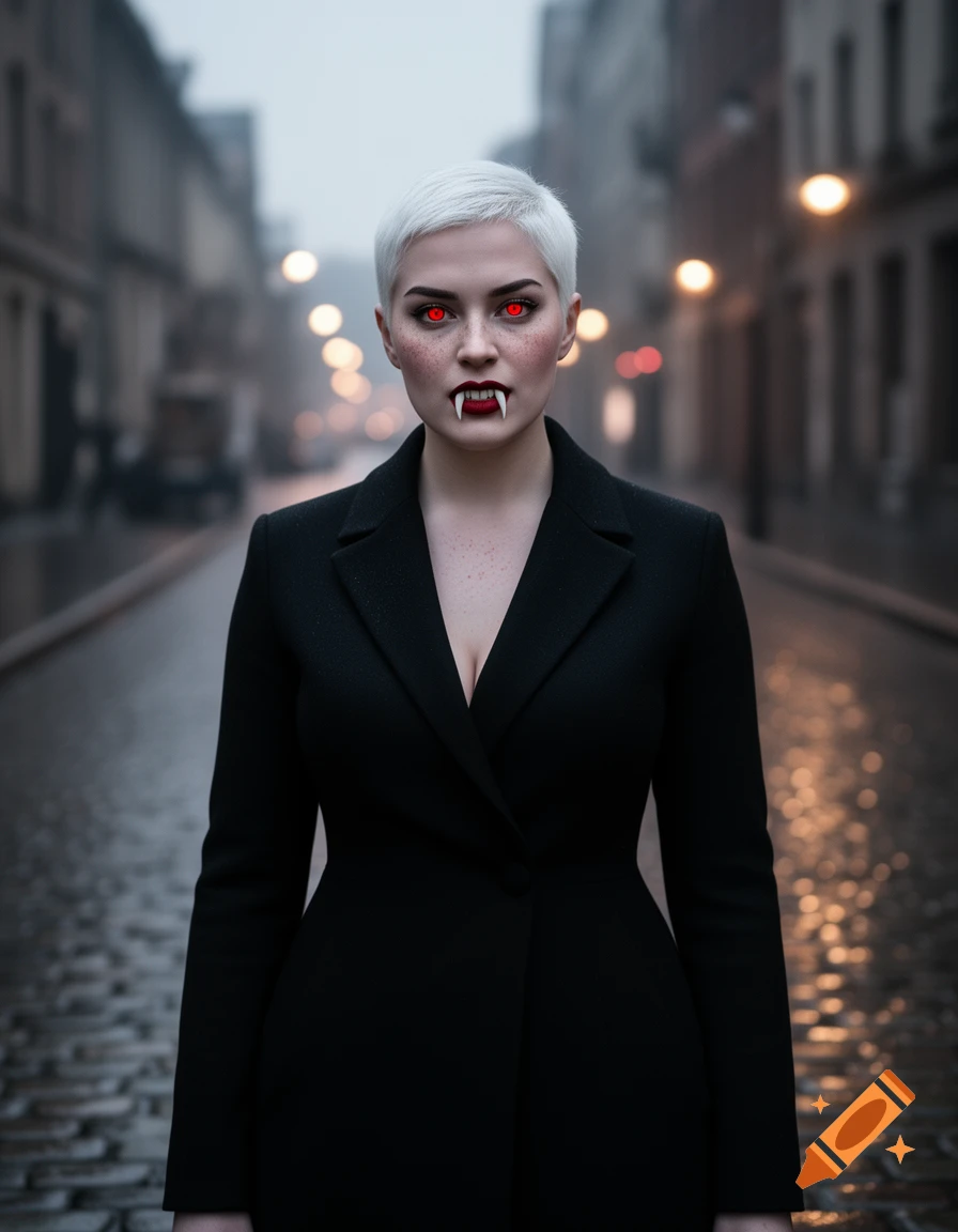 A pale woman with white pixie cut hair, red eyes, and vampire fangs wears a black blazer on a wet cobblestone street at night.