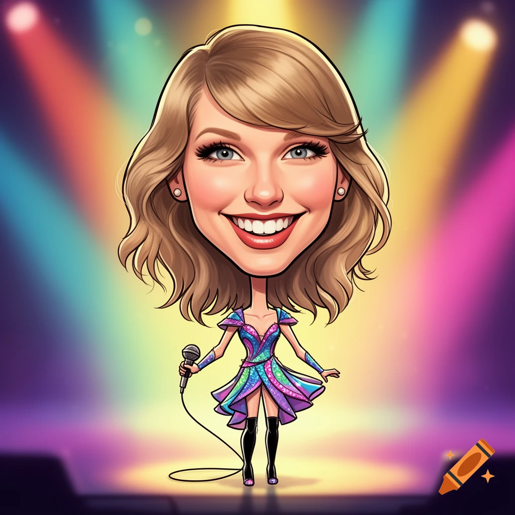 Cartoon caricature of Taylor Swift with a large head, small body, wearing a colorful glittery dress, holding a microphone on a stage with spotlights.