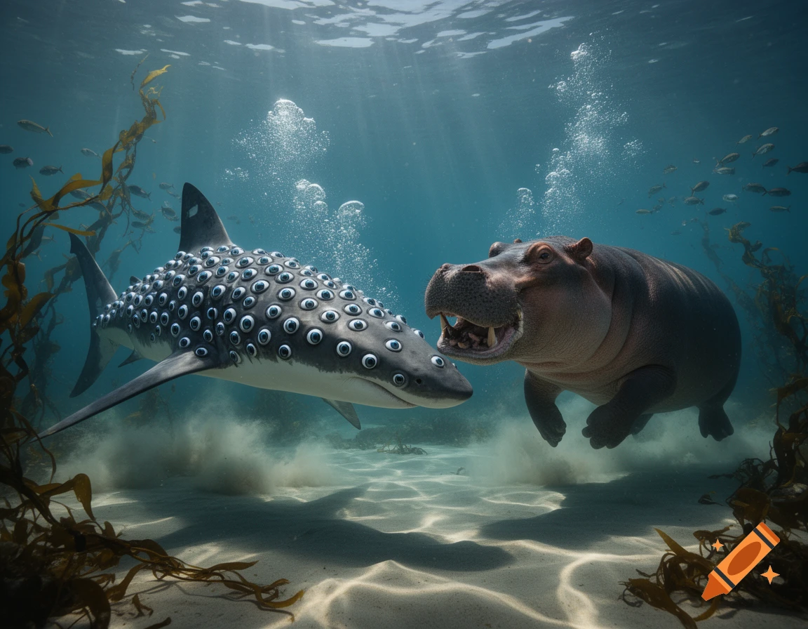 Photorealistic underwater scene of a gray shark covered in many eyes facing a hippo with its mouth open.