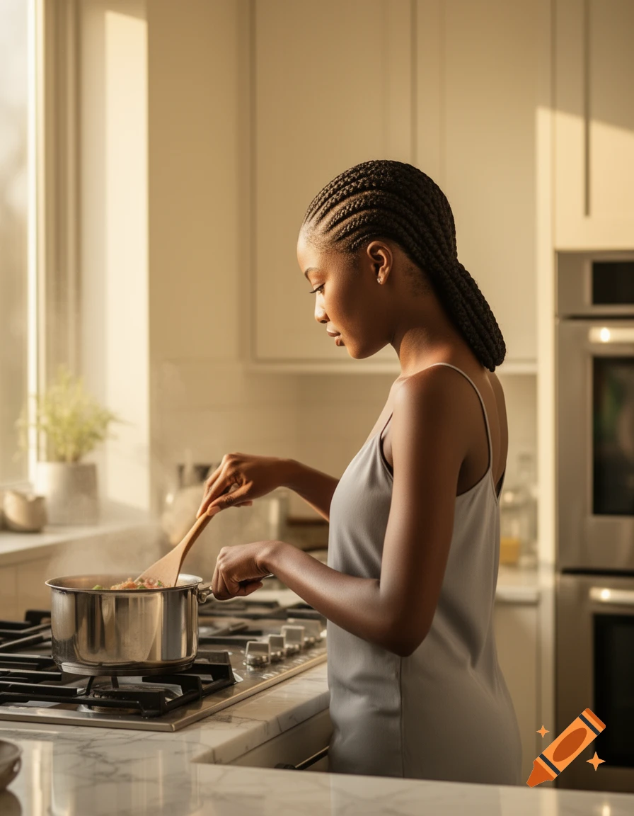 A woman with cornrows cooks in a bright kitchen, stirring a pot on a stovetop with a wooden spoon.