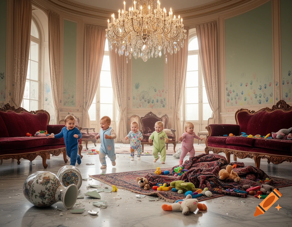Five happy babies create chaos in a luxurious room with scattered toys, broken vases, and scribbled walls, photorealistic.