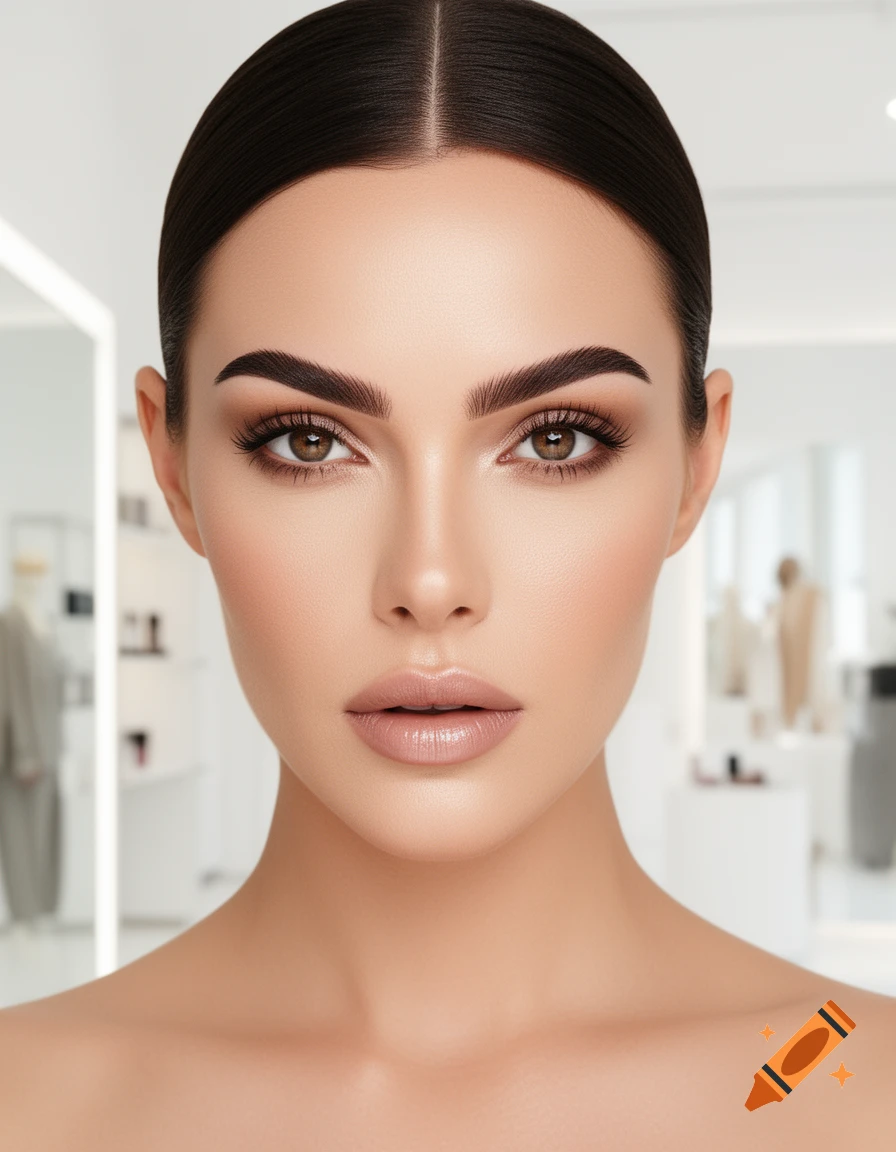 Close-up photorealistic portrait of a woman with dark hair, prominent arched eyebrows, and natural makeup.