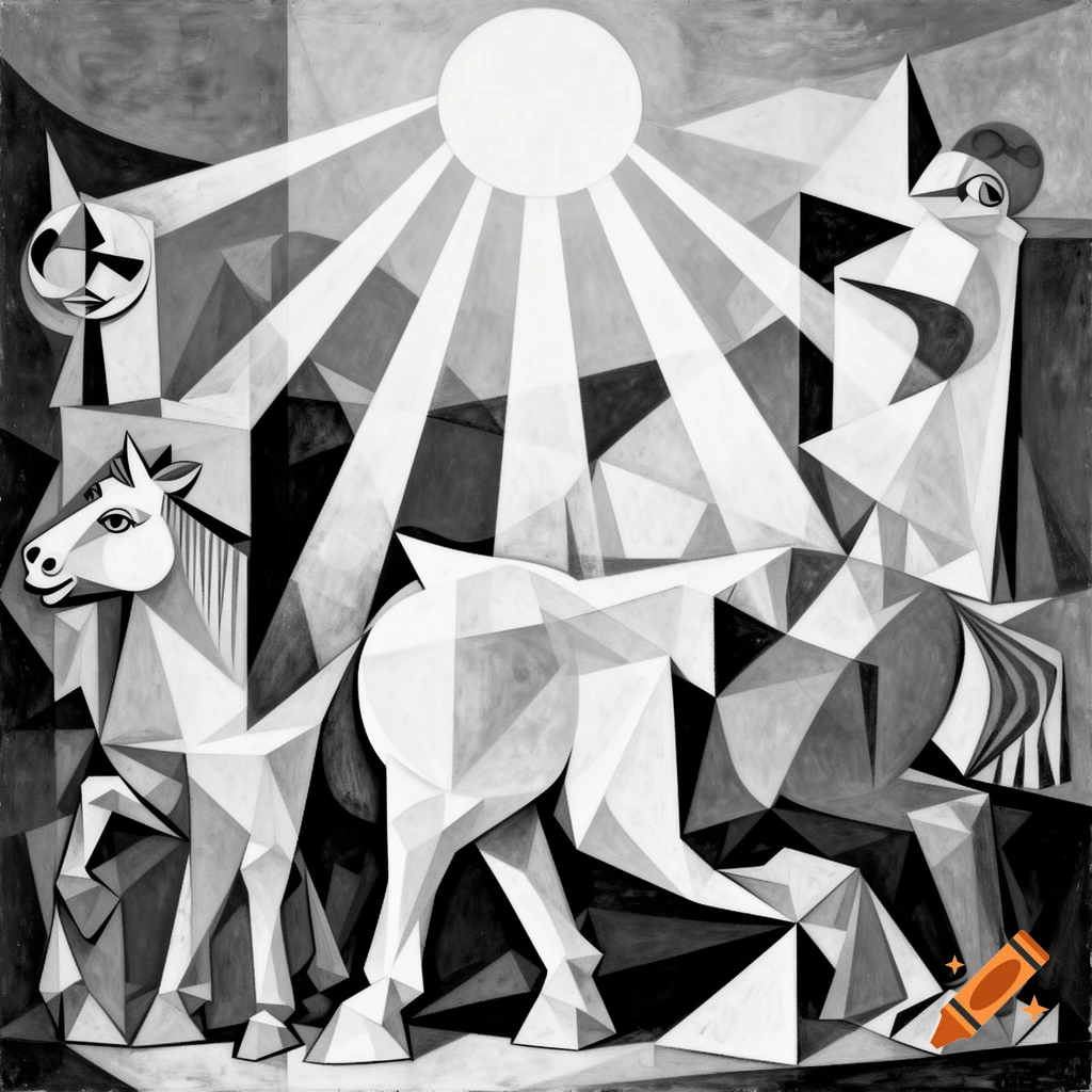 A black and white cubist painting of two fragmented horses under a radiating sun, reminiscent of Picasso's Guernica.
