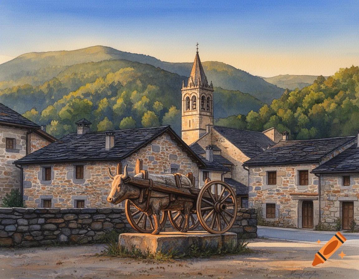 Watercolor painting of a traditional stone village with an ox cart monument in the foreground and a church tower against green mountains at sunset.