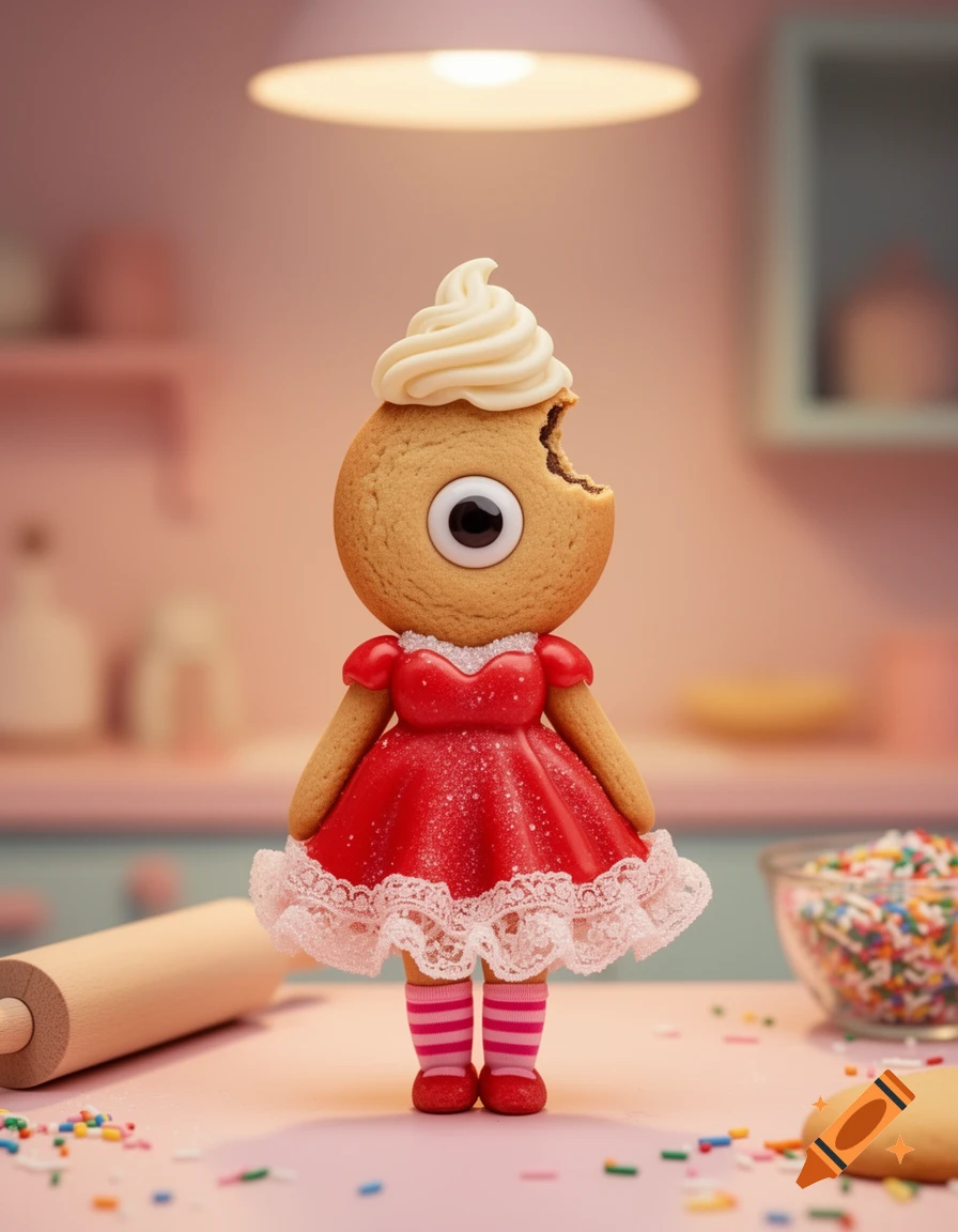 A whimsical, one-eyed cookie character in a red dress, icing hair, and striped socks stands on a kitchen counter with sprinkles.