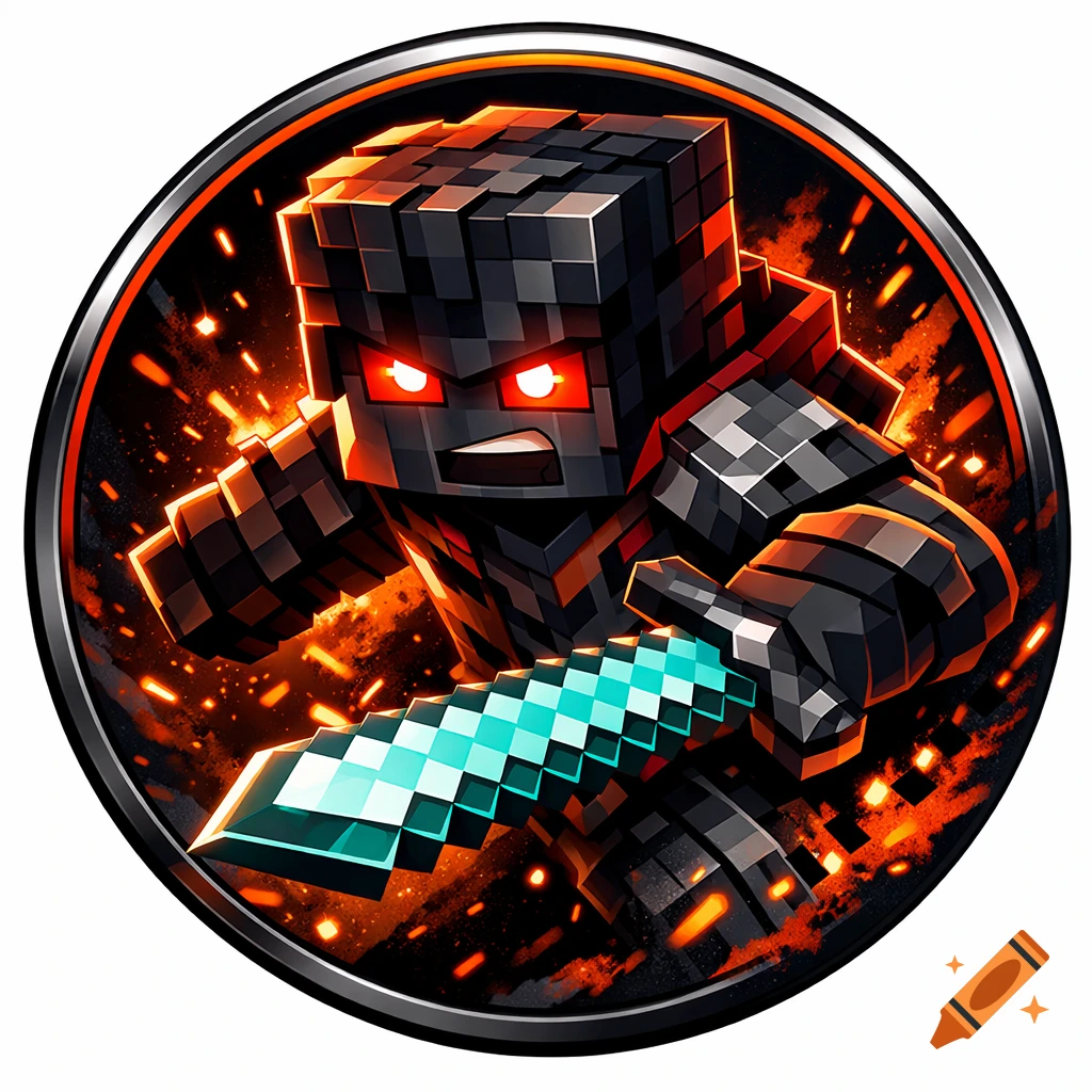 Minecraft-style character with glowing red eyes, black armor, and a pixelated blue sword, set against a fiery background in an esports logo.
