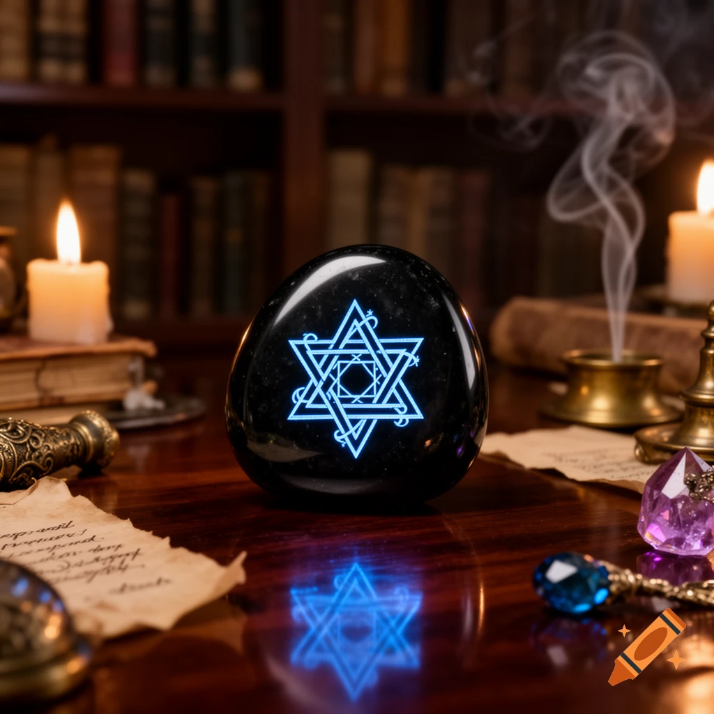 A black polished stone with a glowing blue hexagonal star symbol on a wooden table, surrounded by lit candles, old books, and mystical items, with smoke rising from an incense burner.