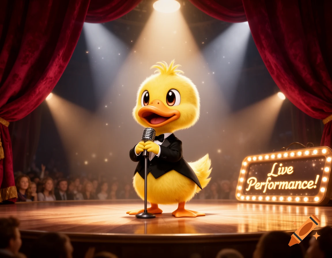 A cute cartoon yellow duck in a tuxedo sings on a spotlight-lit stage, holding a microphone, with a 'Live Performance!' sign.