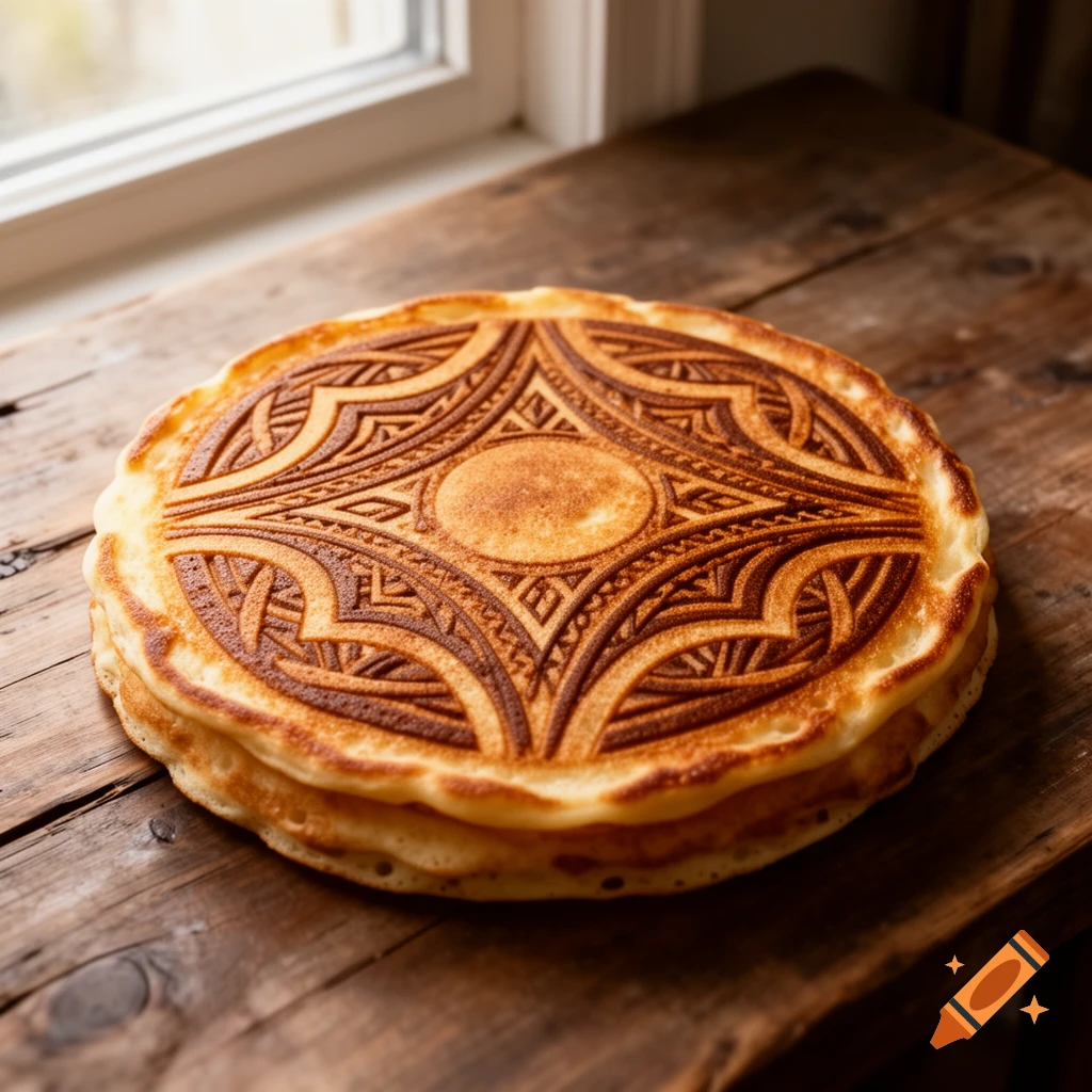 A stack of golden pancakes with an intricate tribal pattern seared into the top layer, resting on a rustic wooden table near a window.
