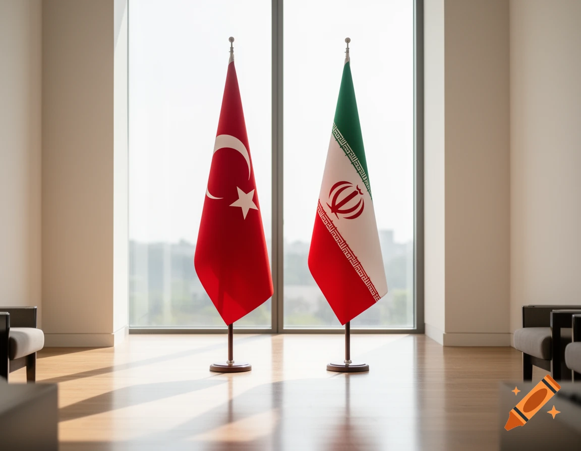 Two national flags, Turkey's red flag with a white star and crescent, and Iran's green, white, and red flag, stand side-by-side in a sunlit modern room.