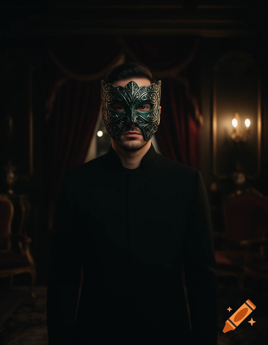 A man in a dark suit wearing an ornate green and silver masquerade mask, standing in a dimly lit opulent room.