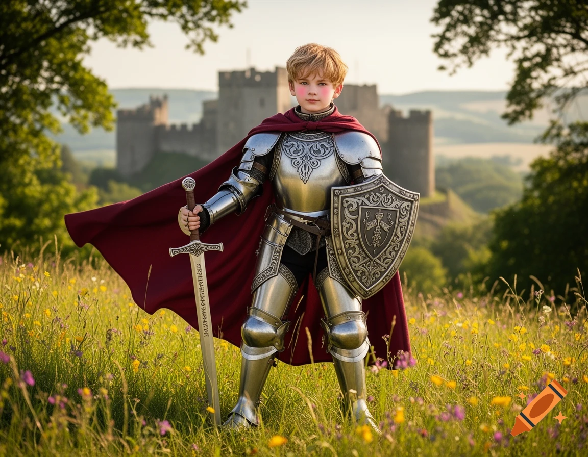 A young boy in shining knight armor and a red cape holds a sword and shield in a flower field with a castle in the background.