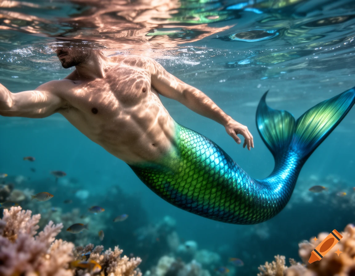 A muscular merman with a green and blue scaled tail swims underwater, surrounded by coral and small fish, with light reflecting on the surface.