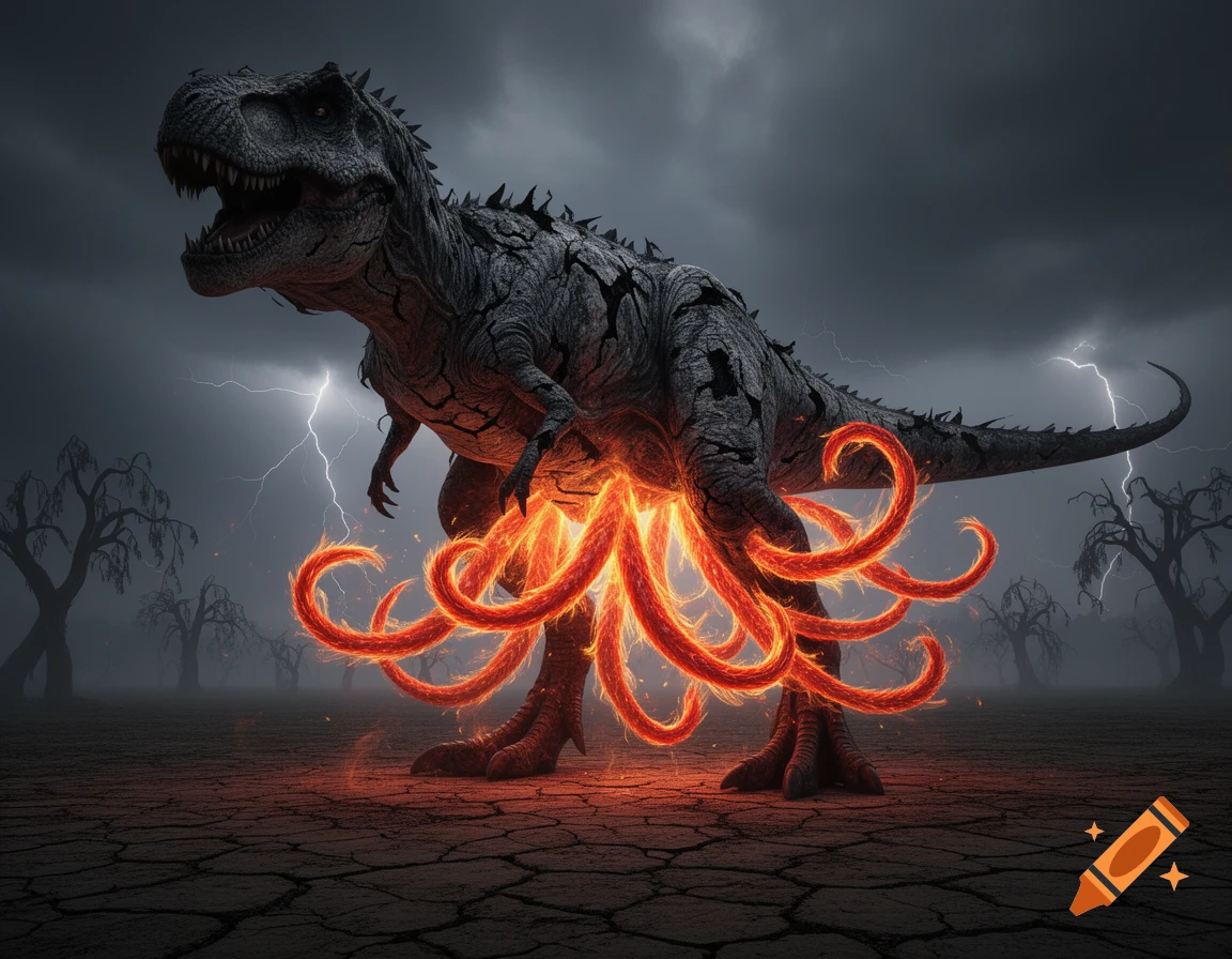 A massive, undead T-Rex with glowing orange phoenix tentacles for legs stands in a dark, stormy landscape with lightning.