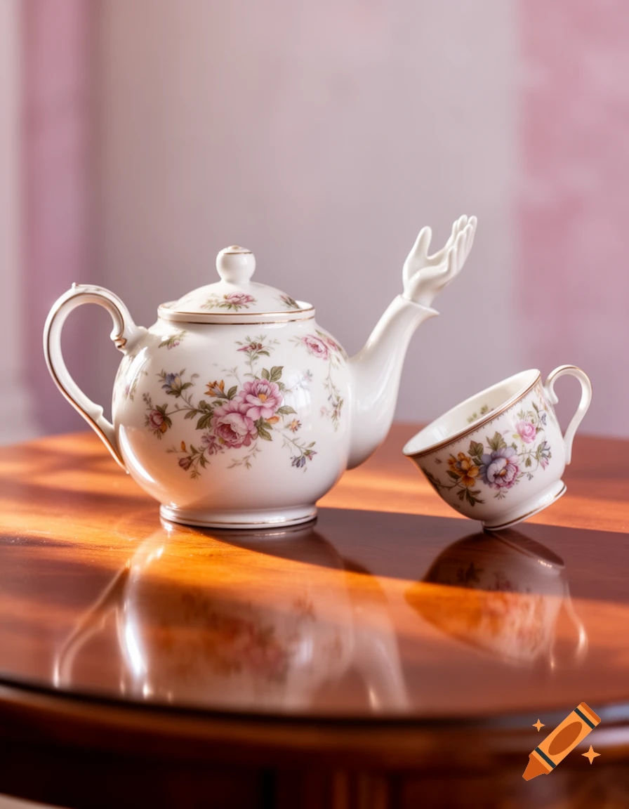 A white floral teapot with a hand-shaped spout and a tilted matching teacup on a reflective wooden table.