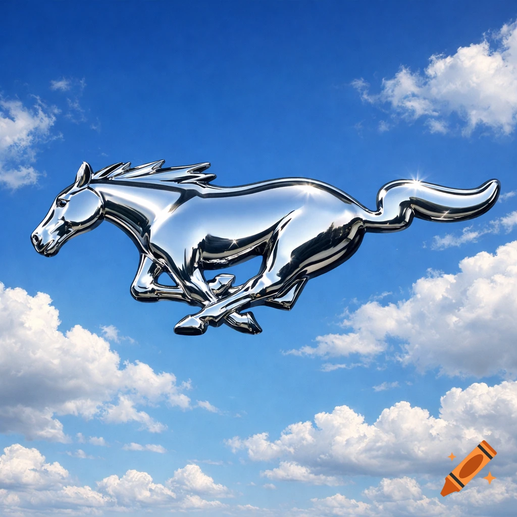 A shiny chrome Ford Mustang running horse logo against a clear blue sky with white clouds.