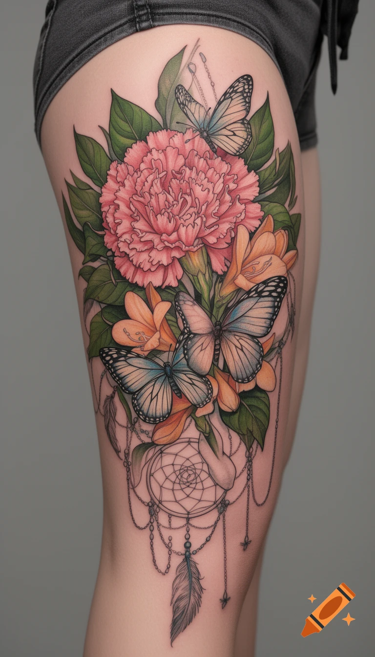 Colorful tattoo on a thigh featuring a pink carnation, yellow freesias, white and blue butterflies, and a dreamcatcher with chains and a feather.
